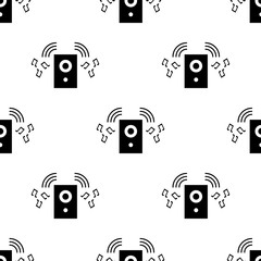 Seamless pattern with black silhouette of music speaker on white background. Simple icon. Holiday decorative elements. Vector illustration for design, web, wrapping paper, fabric.