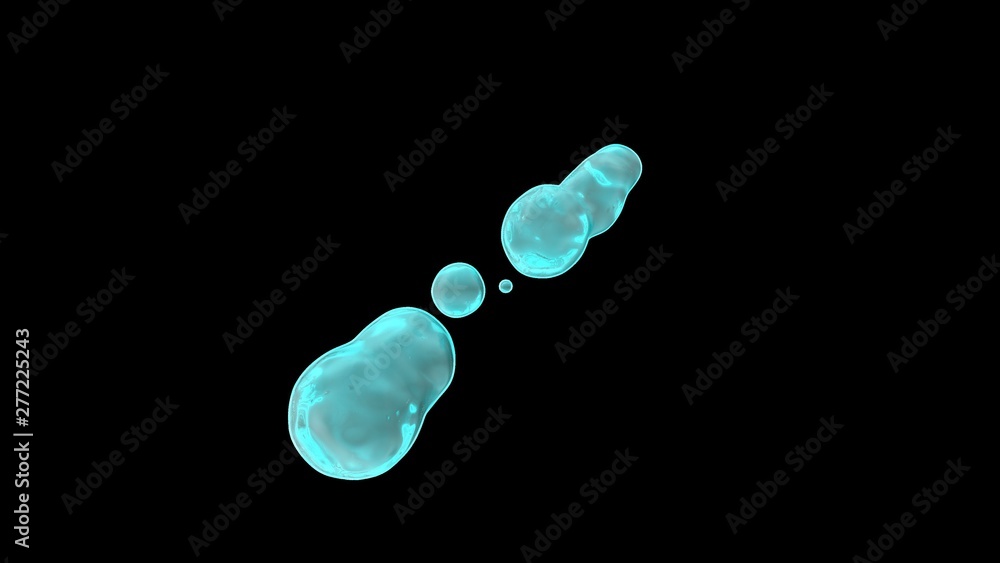 Poster 3d rendering of water droplets in zero gravity, on a black background isolated. drops in space, the 