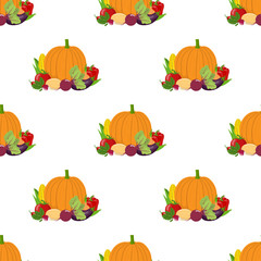 Seamless pattern with group of fresh vegetables on white background. Pumpkin, tomato, corn, bell pepper, potato, radish, beet, chilli pepper, eggplant, pea. Organic food. Vector illustration.