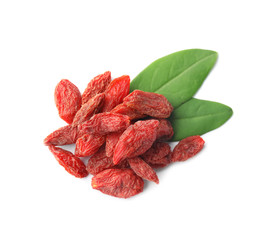 Pile of dried goji berries and leaves on white background