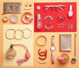 Flat lay composition with different female accessories and decorative cosmetics on color background