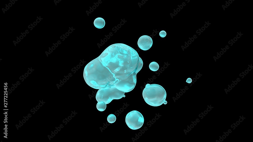 Poster 3d rendering of water droplets in zero gravity, on a black background isolated. drops in space, the 