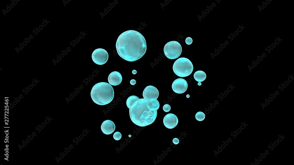 Poster 3d rendering of water droplets in zero gravity, on a black background isolated. drops in space, the 