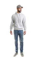 Fototapeta premium Full length portrait of young man in sweater isolated on white. Mock up for design