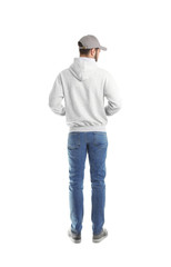 Young man in sweater isolated on white. Mock up for design