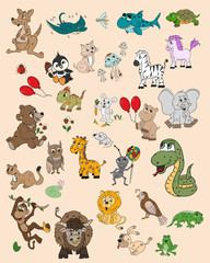 childrens illustration large set of different animals, fish and insects all objects are isolated