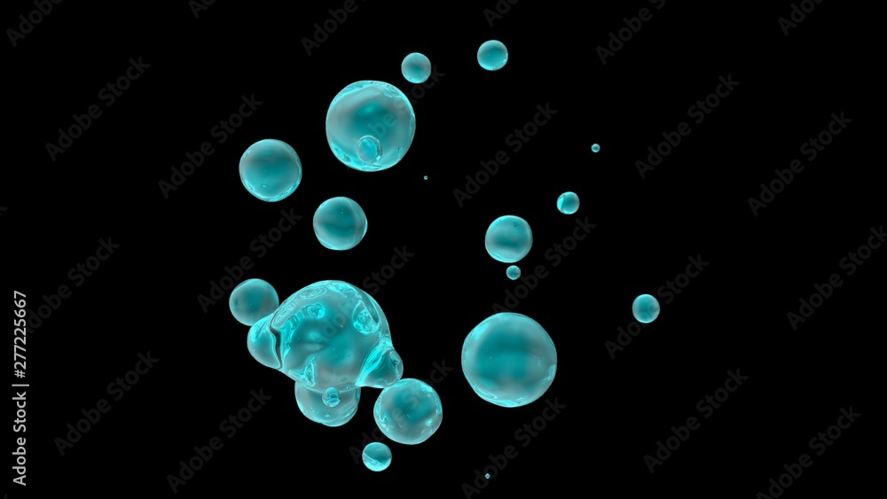 Poster 3d rendering of water droplets in zero gravity, on a black background isolated. drops in space, the 