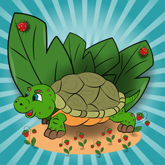 childrens illustration of a small turtle in a clearing among the raspberry leaves