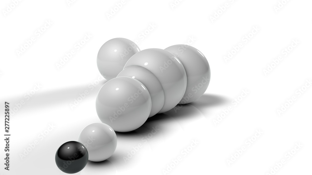 Poster 3d illustration of white balls on white reflective background. balls of different sizes are rolled i