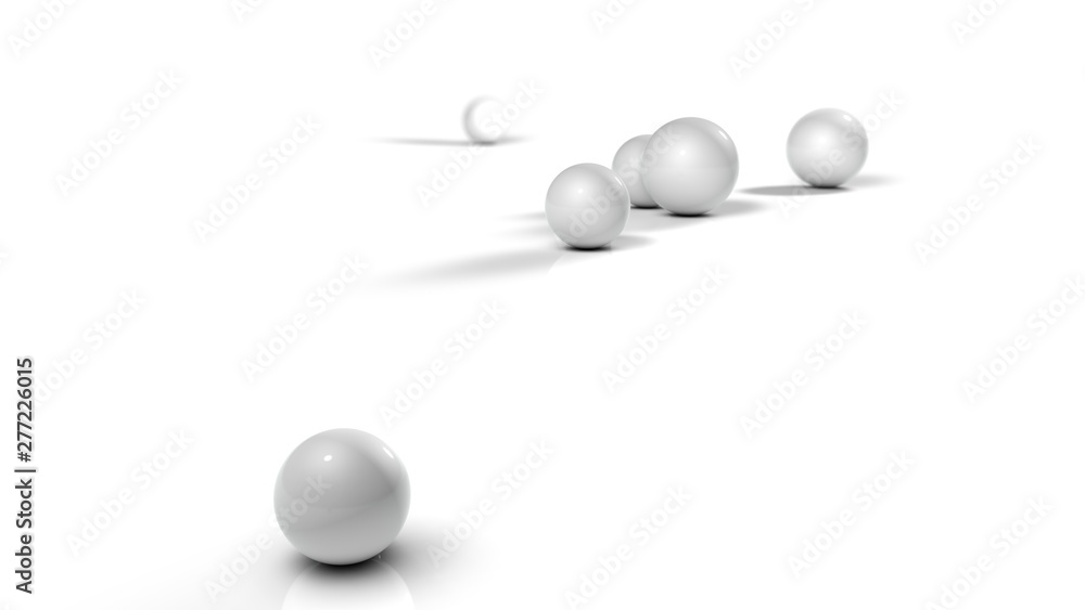 Poster 3d illustration of white balls on white reflective background. balls of different sizes are rolled i