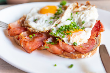 Sandwich fried egg with fried ham, and onion