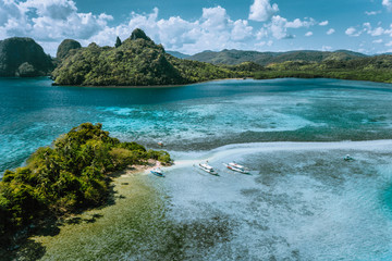 Aerial view of turquoise water and sandbar on tropical Vigan Snake Island, tourist attractions,...