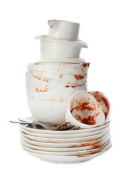 Obraz na płótnie Canvas Set of dirty dishes isolated on white