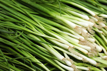 Fresh green onions as background, above view