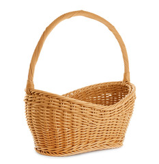 Empty wicker picnic basket on white background