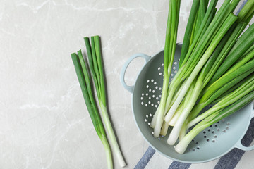 Flat lay composition with fresh green onion on marble background