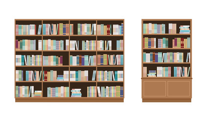 Two bookcases full of books. Isolated on white background. Education library and bookstore concept.  Vector illustration. © alazur