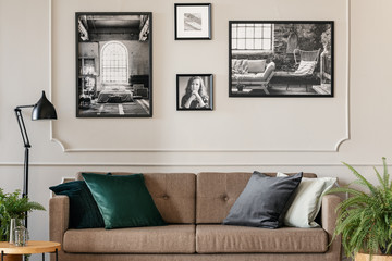 Real photo of a cozy living room interior with cushions on a brown, retro sofa and photos on white...