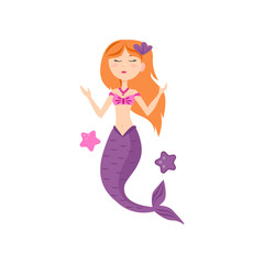 Cute red hair mermaid with violet tail with sea stars