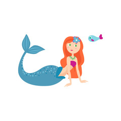 Cute long red hair mermaid and long blue tail