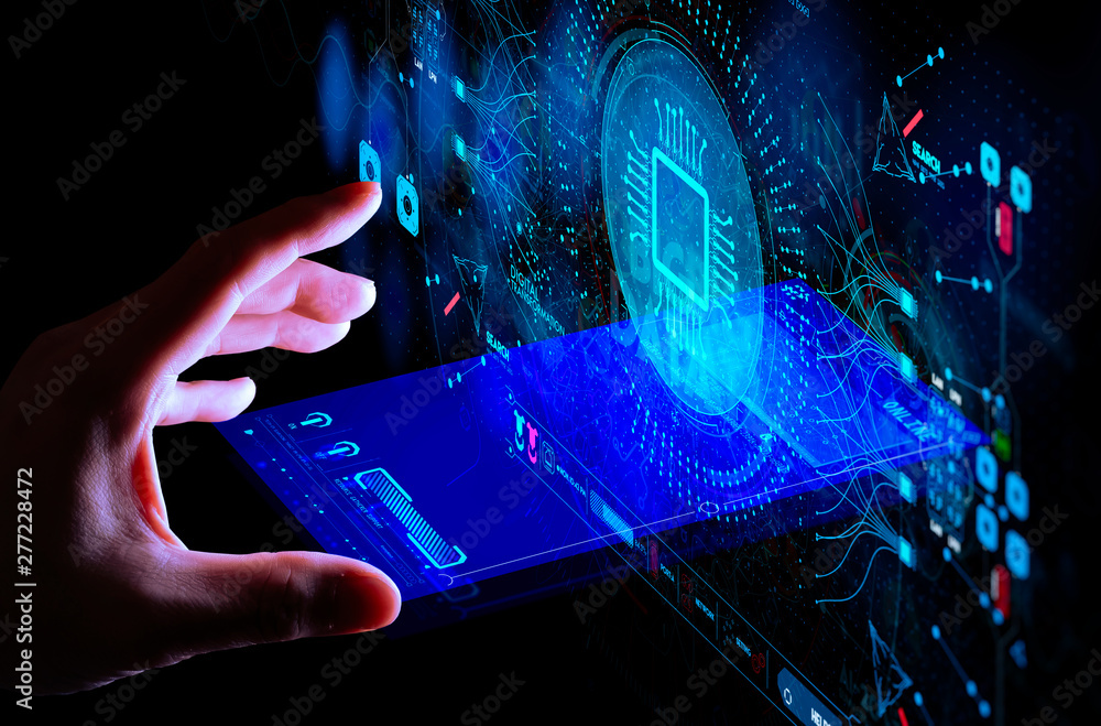 Fototapete Artificial intelligence (AI) with machine deep learning and data mining and another smart phone technologies UI by hand touching CPU icon.