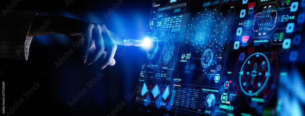 Poster Business hand working with cryptocurrency and Ai conputer interface.