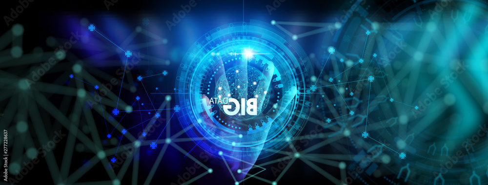 Poster Big data world and globe icon ui with hand selecting and pressing Big Data symbol and modern interface.