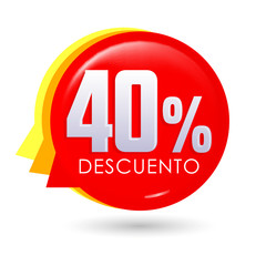 40% Descuento, 40% discount spanish text, bubble sale tag vector illustration, Offer price label.