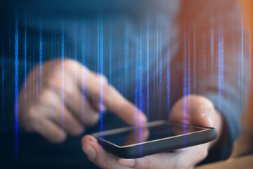 businessman push on with social network smartphone technology, data deep learning, server online hacker, application shopping