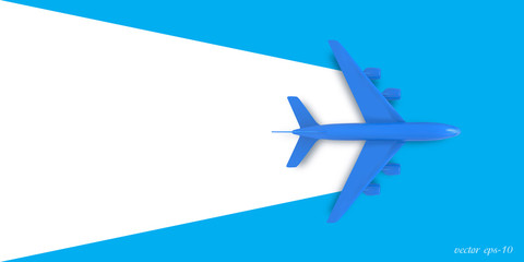 Airplane on a blue background, top view .Banner for travel and summer holidays .Model plane Vector.