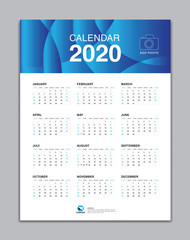 Calendar 2020 Template, Wall Calendar 2020 Vector, Desk Calendar Design, Week Start On Sunday, Planner, Stationery, Printing, vertical artwork