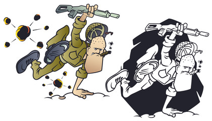 Funny little men. Soldier jumps out of trench to attack.