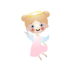 Smiling cute angel kid with white wings in dress