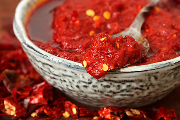 Traditional Homemade Harissa Sauce from hot peppers.Close-up