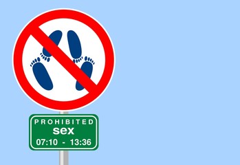Illustration of prohibited road sign, restricted area advertising for sexual intercourse. The silhouette of the feet of two people close together. Blue background. With hour information of the norm.