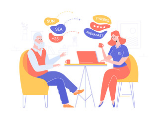 Old gray-haired gentleman in a travel agency. Girl manager picks tours for summer vacation. Vector illustration with bright characters.