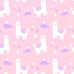  Cute seamless pattern. Llamas on a pink background
