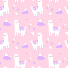  Cute seamless pattern. Llamas on a pink background