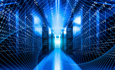 High speed with binary code numbers on motion blurred path or track in server data center, speed...