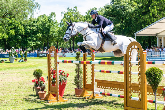Reiter spingt mit weissem Schimmel Pferd &uuml;ber Hindernis am Reitturnier