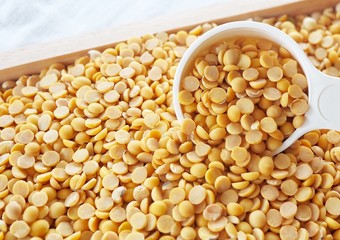 Yellow Dried Soybeans in A Measuring Spoon