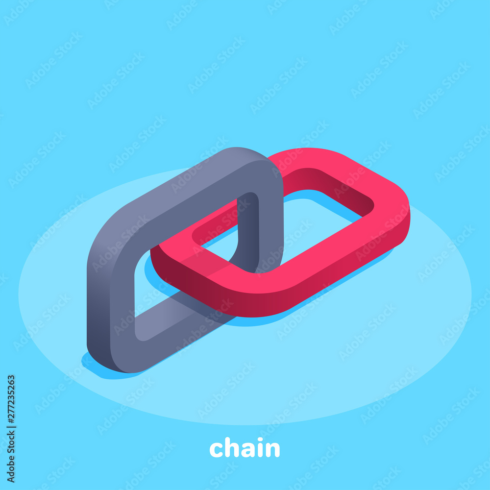 Aufkleber isometric vector image on a blue background, business icon in the form of two chain links in red and