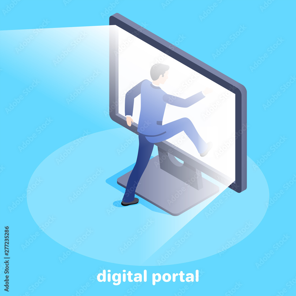 Poster isometric vector image on a blue background, a man in a business suit enters a glowing computer scre