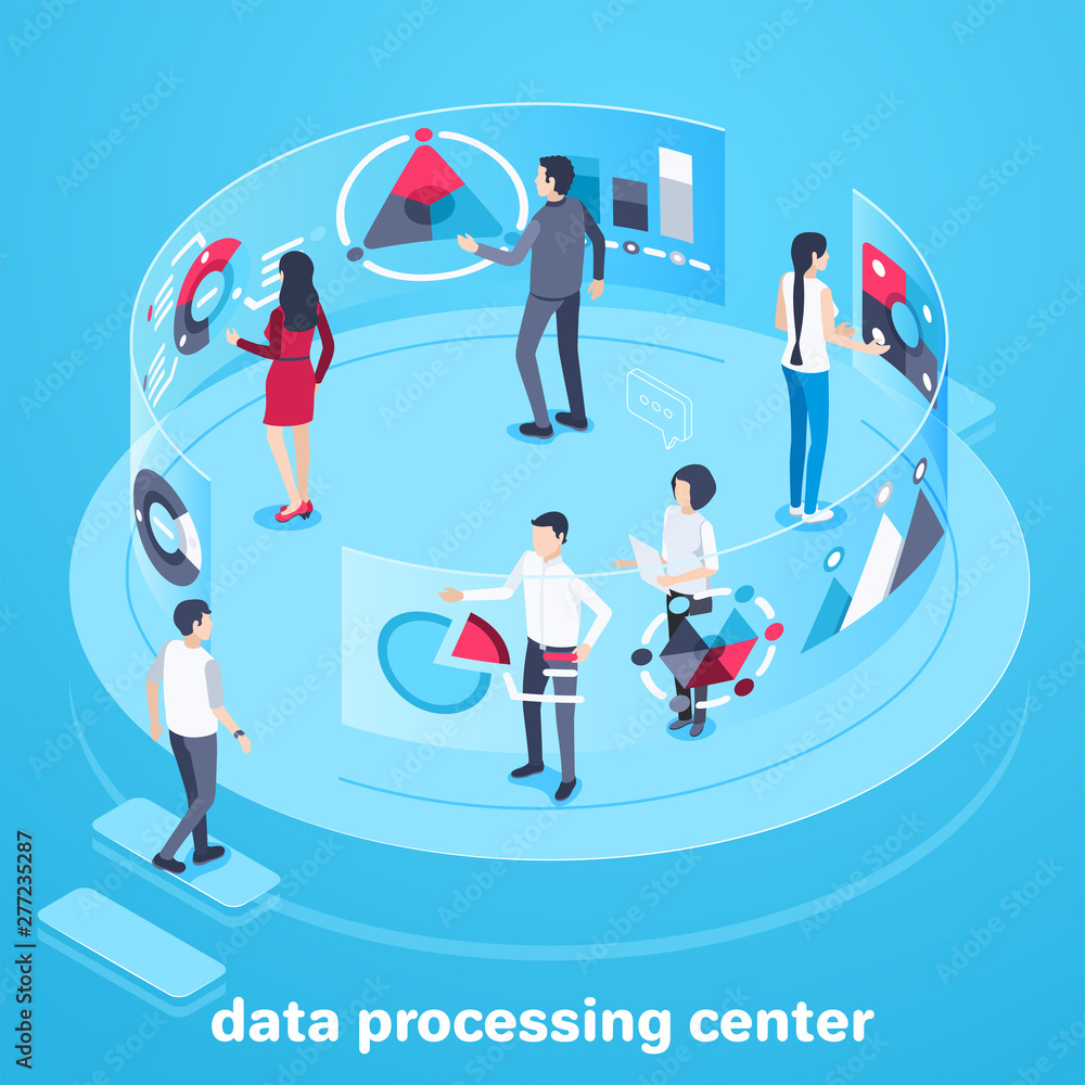 Poster isometric vector image on a blue background, people work in the center for analytics and data proces