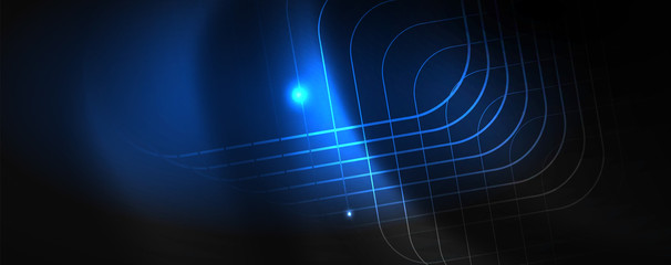 Shiny neon techno template. Neon lines background, 80s style laser rays