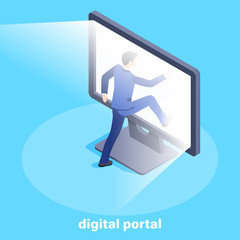 Isometric vector image on a blue background, a man in a business suit enters a glowing computer screen, a digital portal and access to the Internet - obrazy, fototapety, plakaty