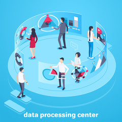 isometric vector image on a blue background, people work in the center for analytics and data processing, a large semi-circular screen with diagrams and graphs, a futuristic office