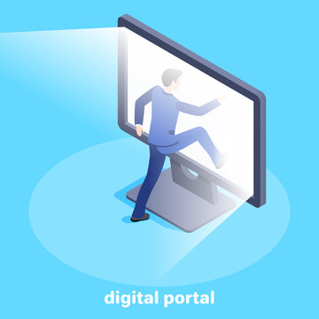 Isometric vector image on a blue background, a man in a business suit enters a glowing computer screen, a digital portal and access to the Internet