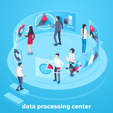 isometric vector image on a blue background, people work in the center for analytics and data processing, a large semi-circular screen with diagrams and graphs, a futuristic office