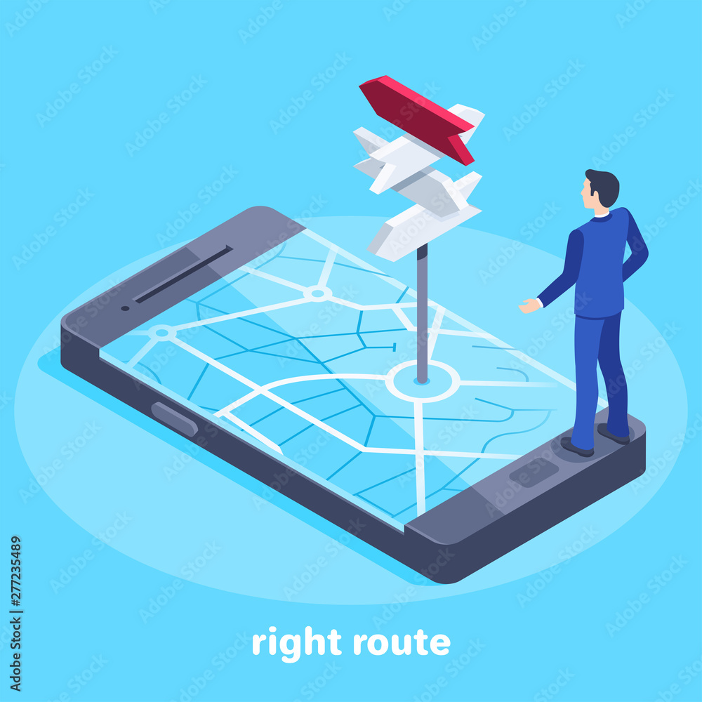Poster isometric vector image on a blue background, a man in a business suit stands on the smartphone scree